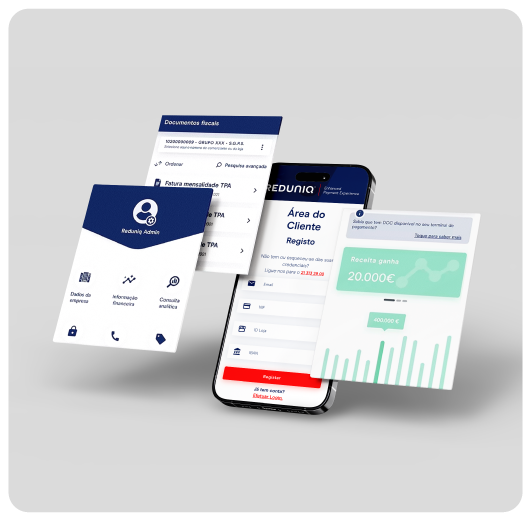 Telemóvel com imagens da Área do Cliente REDUNIQ