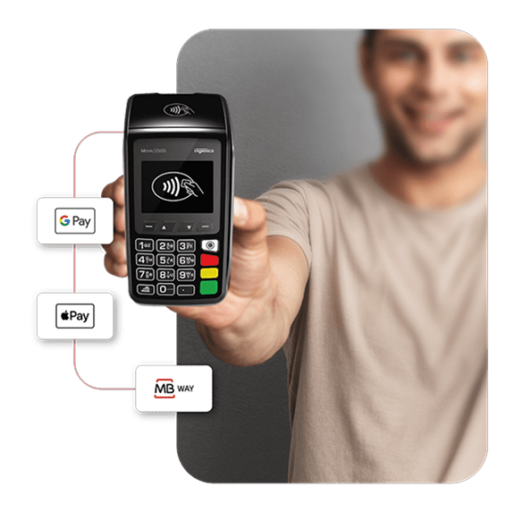 Terminal de pagamentos que aceita Google Pay, Apple Pay e MB Way