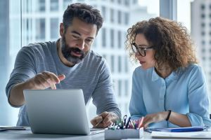Pessoas a trabalhar em escritório em portátil