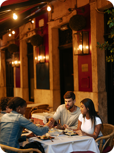 Grupo de turistas durante refeição em esplanada