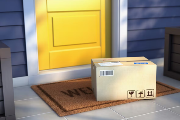 Encomenda em caixa de cartão à porta de casa